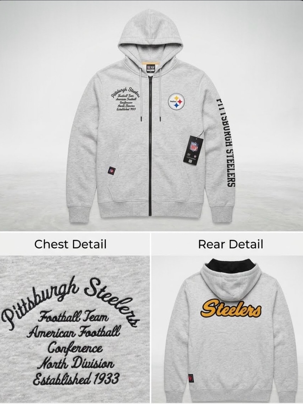 NFL Gray Full-Zip Pittsburgh Steelers Hoodie with Black Accents